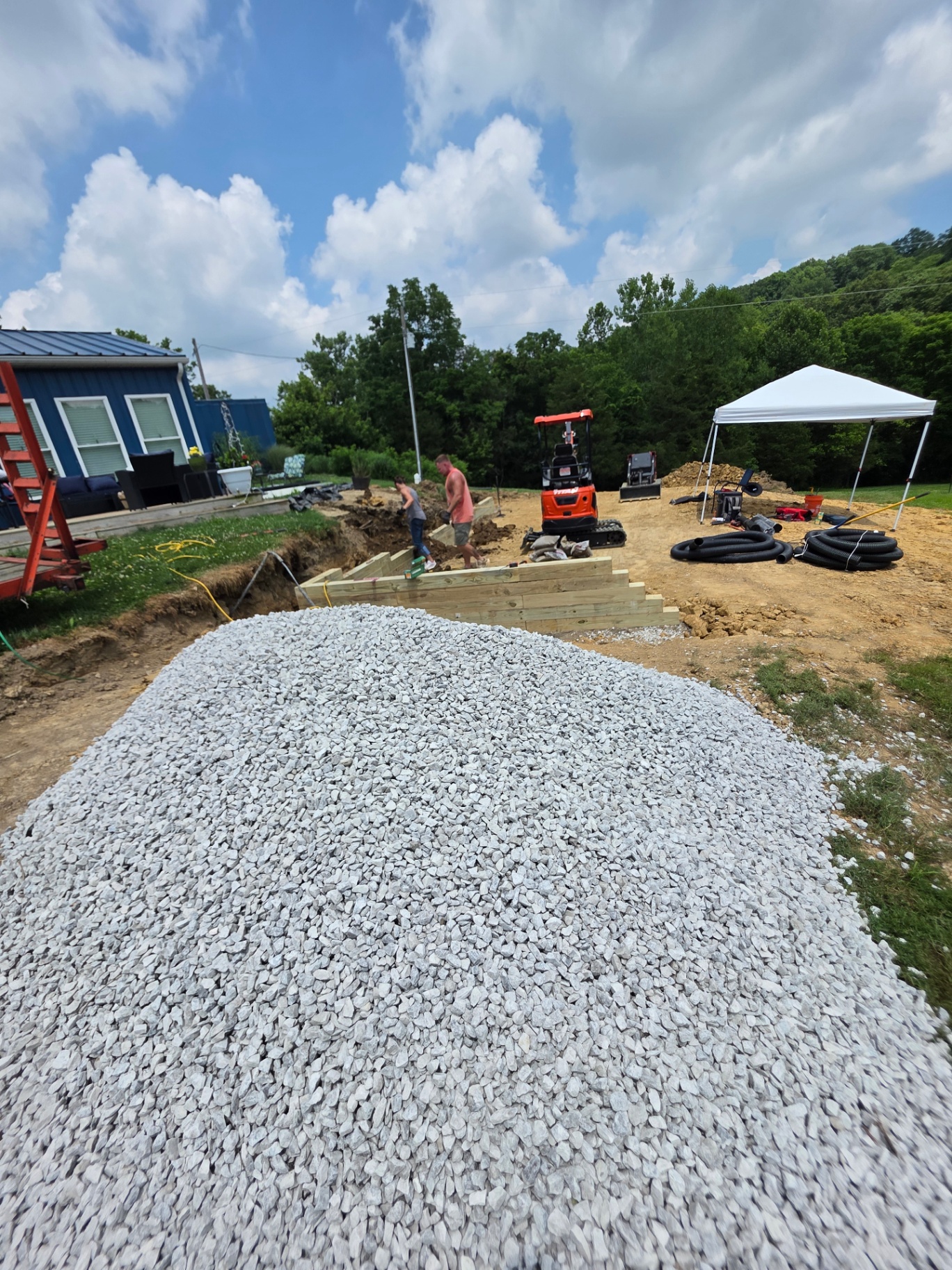 Landscape timber retaining wall build with #57 gravel and drainage pipe on a Northern Kentucky job site