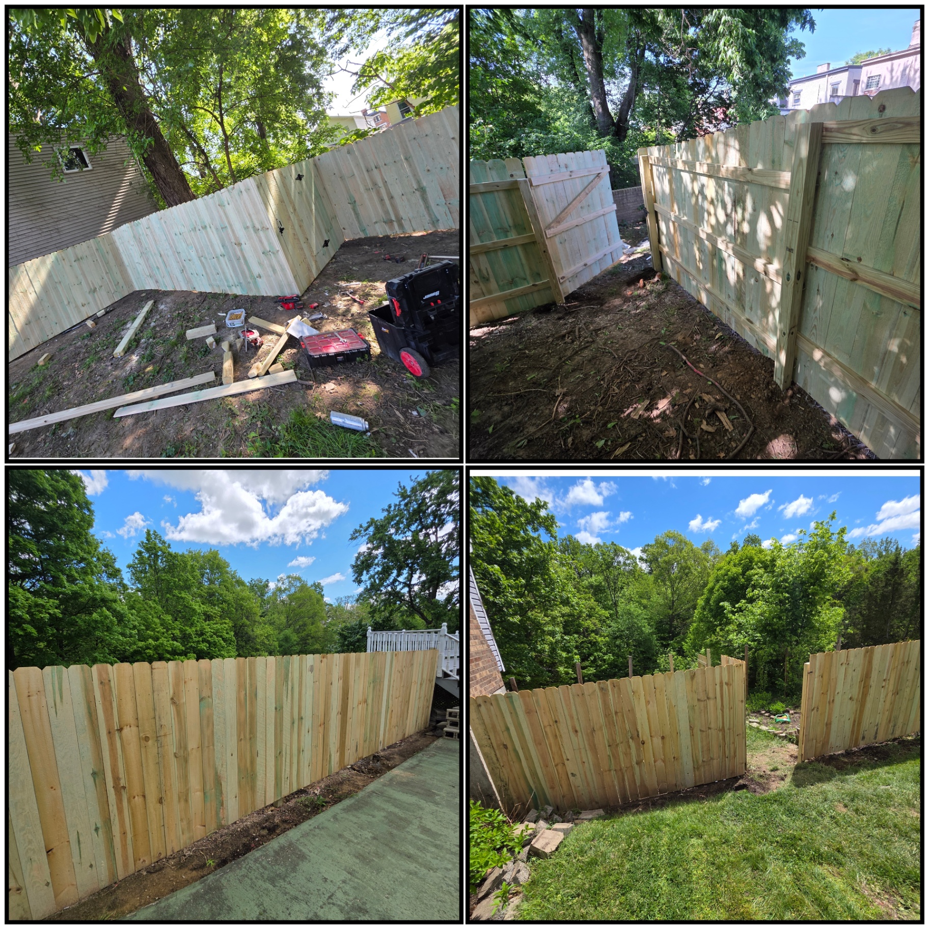Privacy fence installation progress and completed privacy fence by MX Property Services in Northern Kentucky
